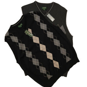 NEW Men's Golf Sweater Vest XL Lot of 2 Argyle Cotton Sleeveless Preppy Grandpa